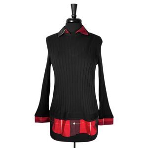 Foxcroft NYC Womens Sweater S Black Red Plaid Collar Hem Knit Stretch Preppy Top